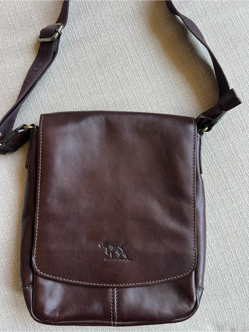 Men's Brown Leather Messenger Bag with Embossed Logo